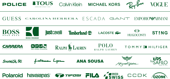 Police, Tous, Calvin Klein, Michael Kors, Ray-Ban, Vogue, Guess, Carolina Herrera, Escada, Gant, Emporio Armani, Hugo Boss, Boss Orange, Just Cavalli, Timberland, Lacoste, Hugo Conti, Sting, Carrera, Kietla, Ralph Lauren, Polo Ralph Lauren, Tommy Hilfiger, Seventh St., F&aacute;tima Lopes, Ana Sousa, Miguel Vieira, Safilo, Polaroid, Havaianas, Tifosi, Fila, Red Swiss, CCDK, Ozone